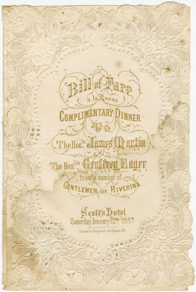 Bill of fare for a dinner for the Honorable James Martin and the Honorable Geoffrey Eager