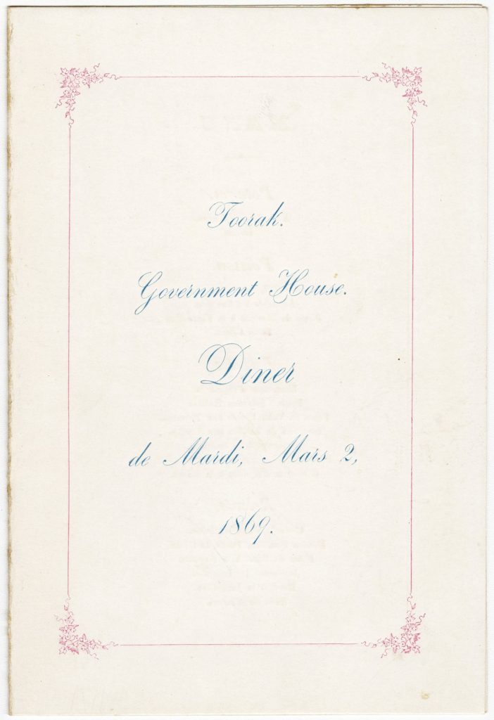 Menu for a dinner at Toorak Government House