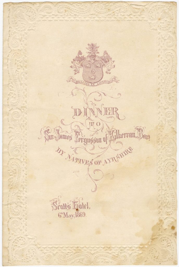 Menu for a dinner for Sir James Fergusson