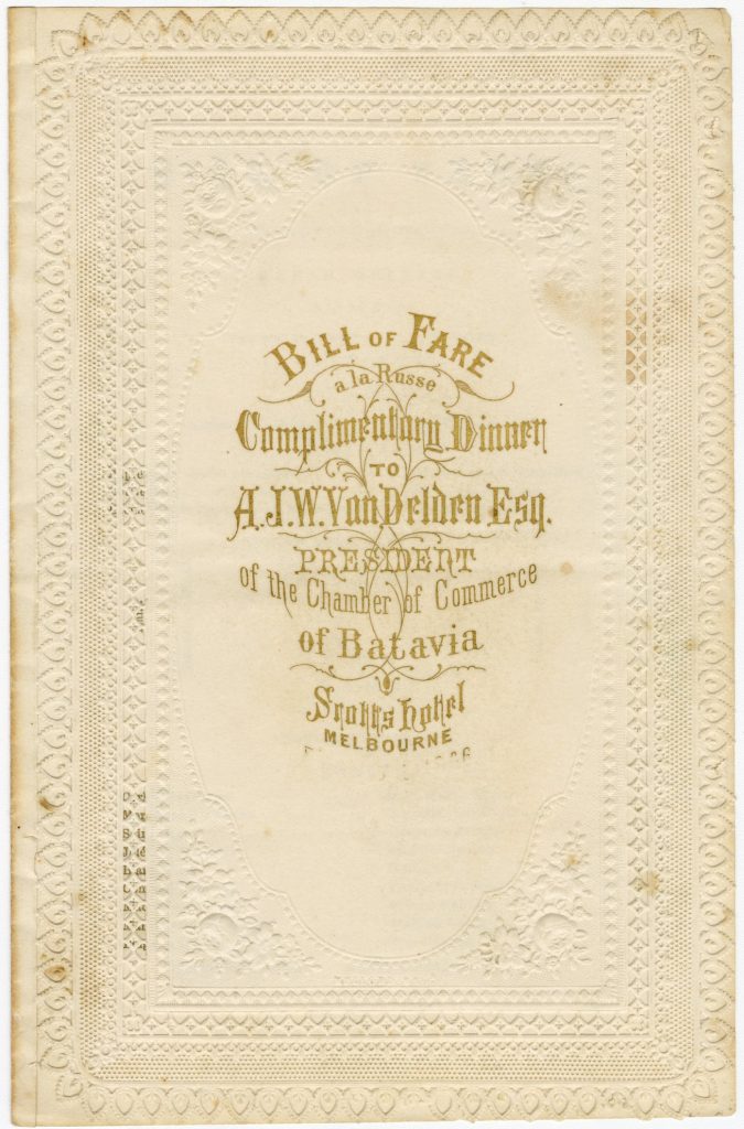 Bill of Fare for a dinner for A.J.W. Van Delden