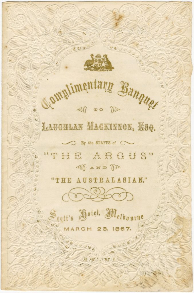 Menu for a banquet for Lauchlan MacKinnon