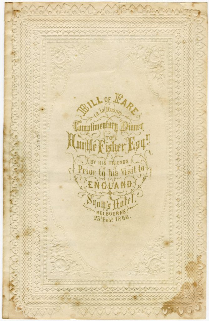 Bill of Fare for a dinner for Hurtle Fisher