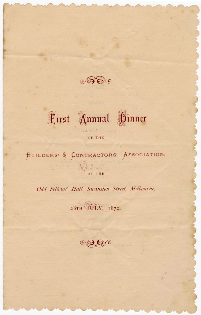 Menu for the first annual dinner of the Builders’ & Contractors’ Association