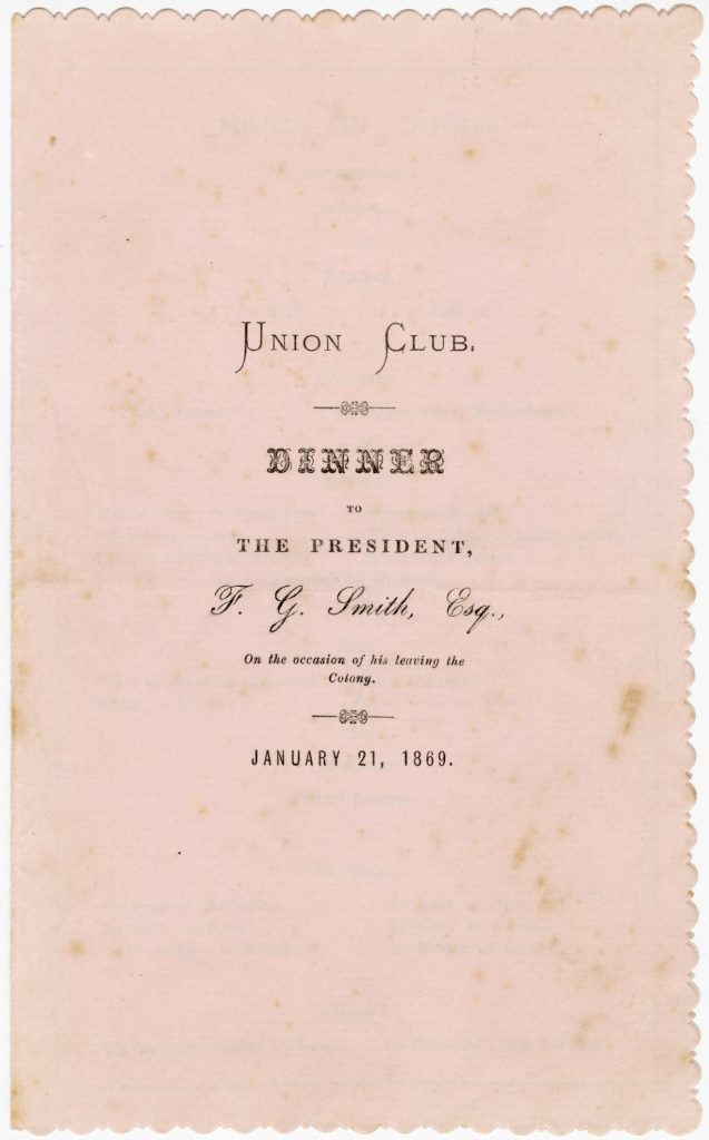 Menu for a Union Club dinner for the president F.G. Smith