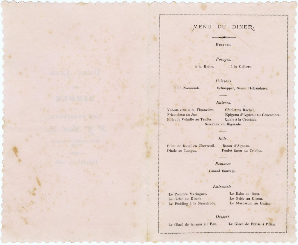 Menu for a Union Club dinner for the president F.G. Smith image 1086394-2