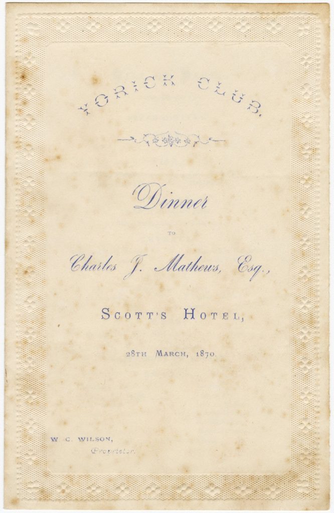 Menu for a Yorick Club dinner for Charles J. Mathews