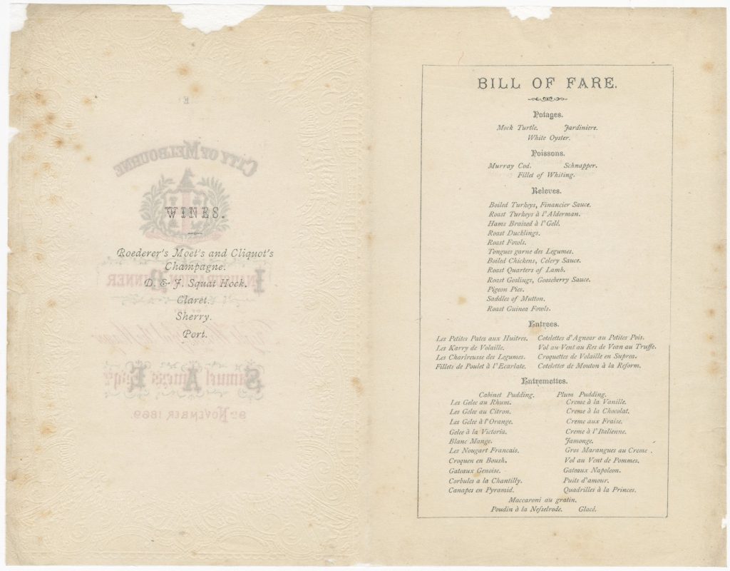 Menu for the inauguration dinner for Mayor Samuel Amess image 1086396-2