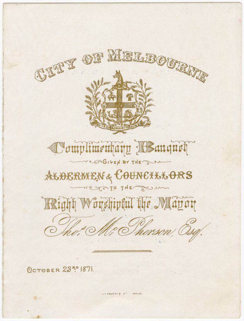 Menu for a banquet for Lord Mayor Thomas McPherson