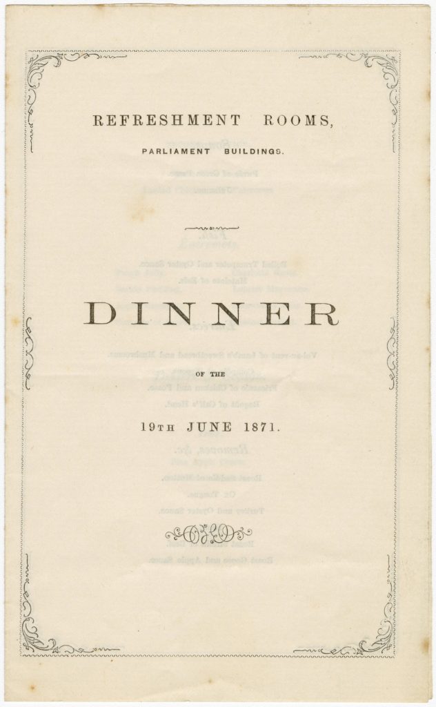 Menu for a dinner in the refreshment rooms of Parliament Buildings image 1086401-1