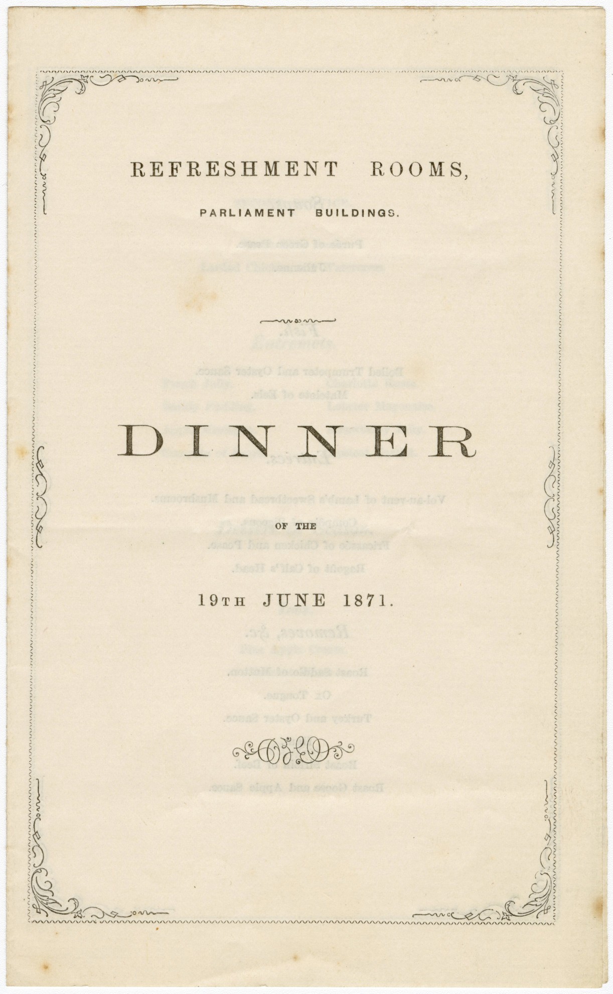 Menu for a dinner in the refreshment rooms of Parliament Buildings