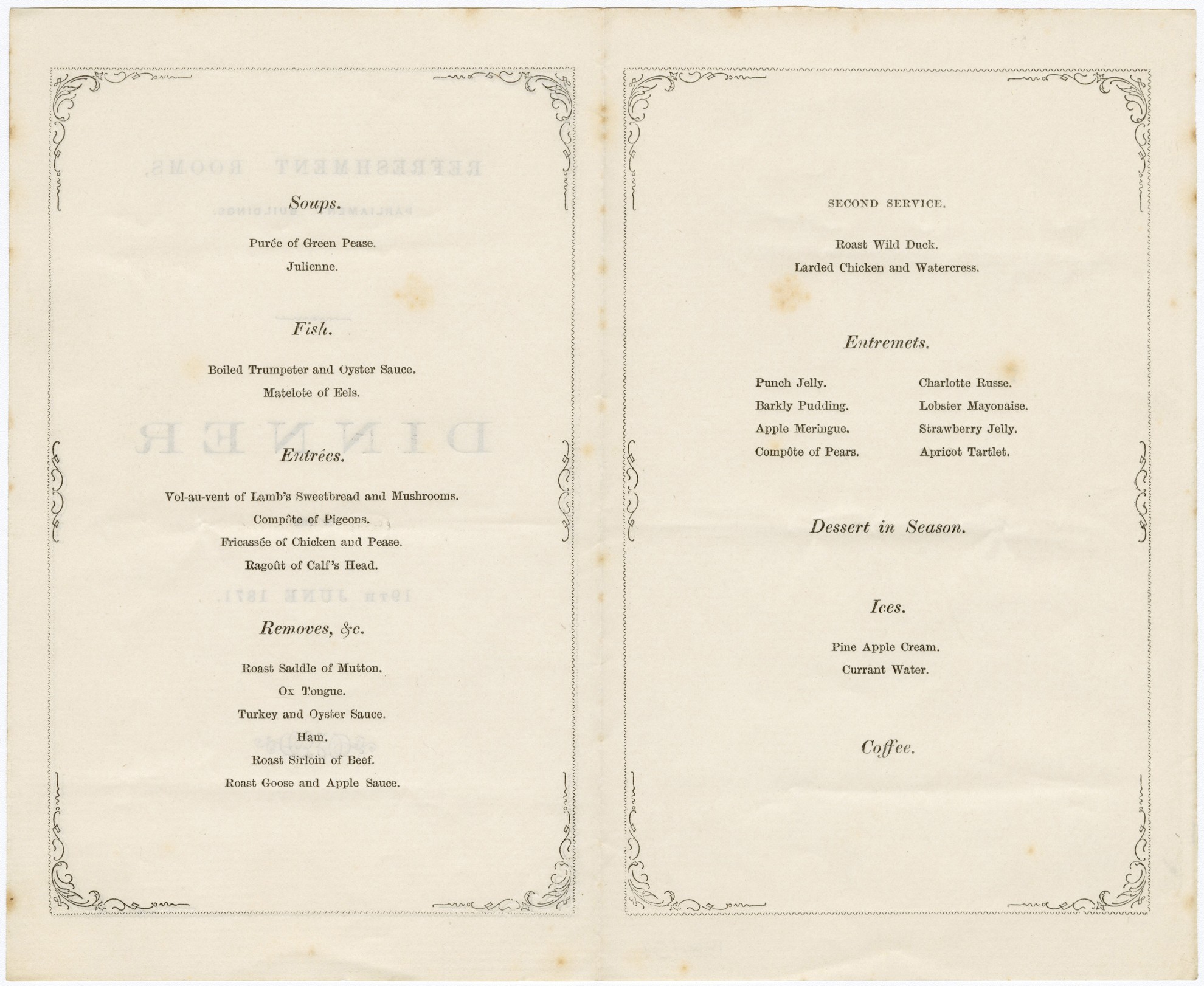 Menu for a dinner in the refreshment rooms of Parliament Buildings