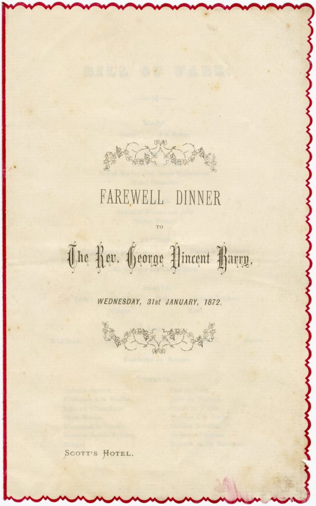 Menu for a farewell dinner for Reverend George Vincent Barry