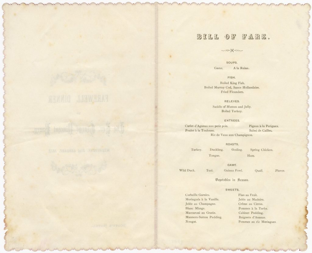 Menu for a farewell dinner for Reverend George Vincent Barry image 1086402-2