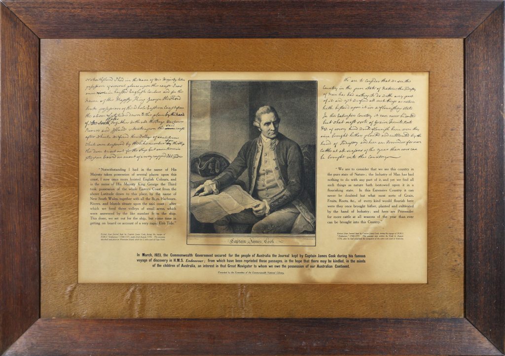 Portrait of Captain Cook with journal extracts