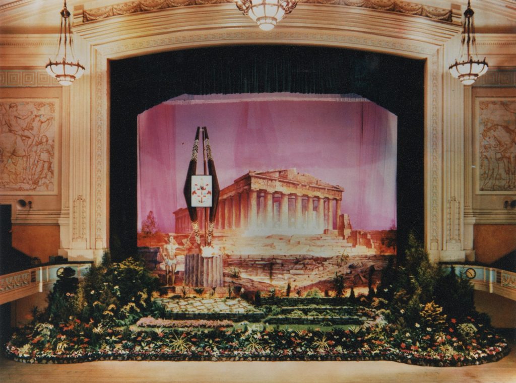 Image showing the stage of Melbourne Town Hall decorated for the 1956 Olympic Games