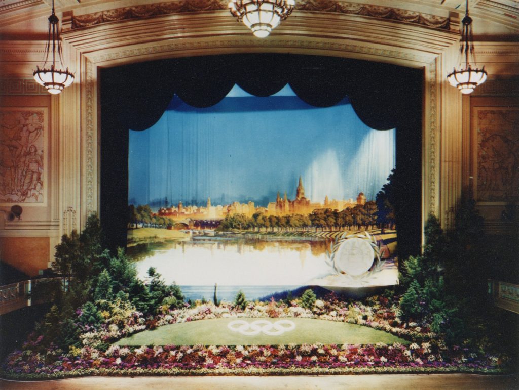 Image showing the stage of Melbourne Town Hall decorated for the 1956 Olympic Games