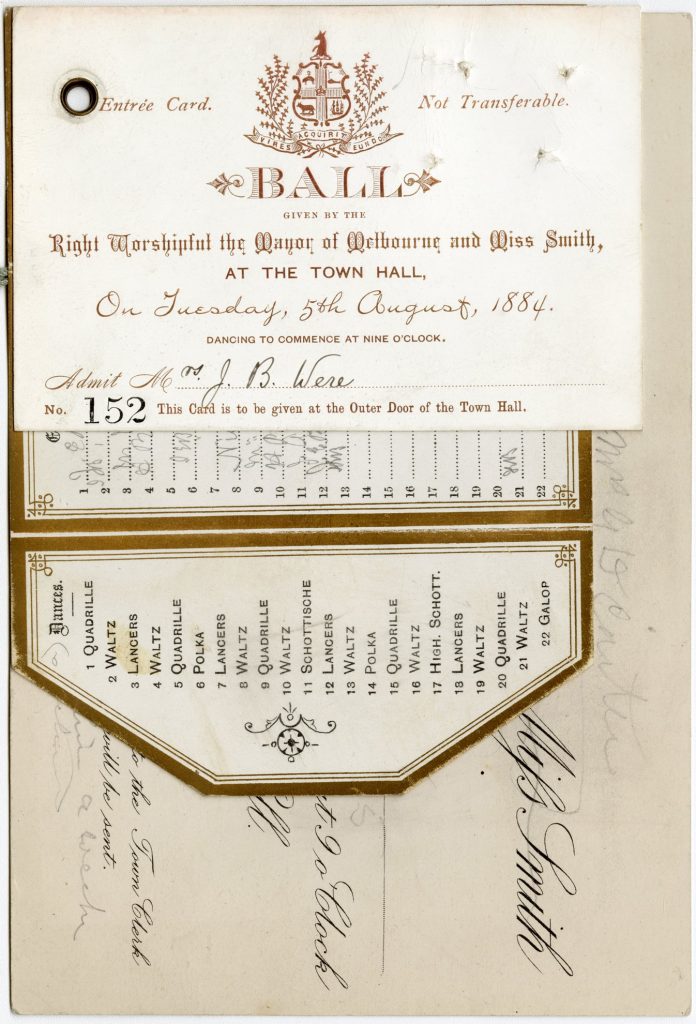 Entree card, dance card and invitation to a ball at Town Hall, given by Lord Mayor Charles Smith