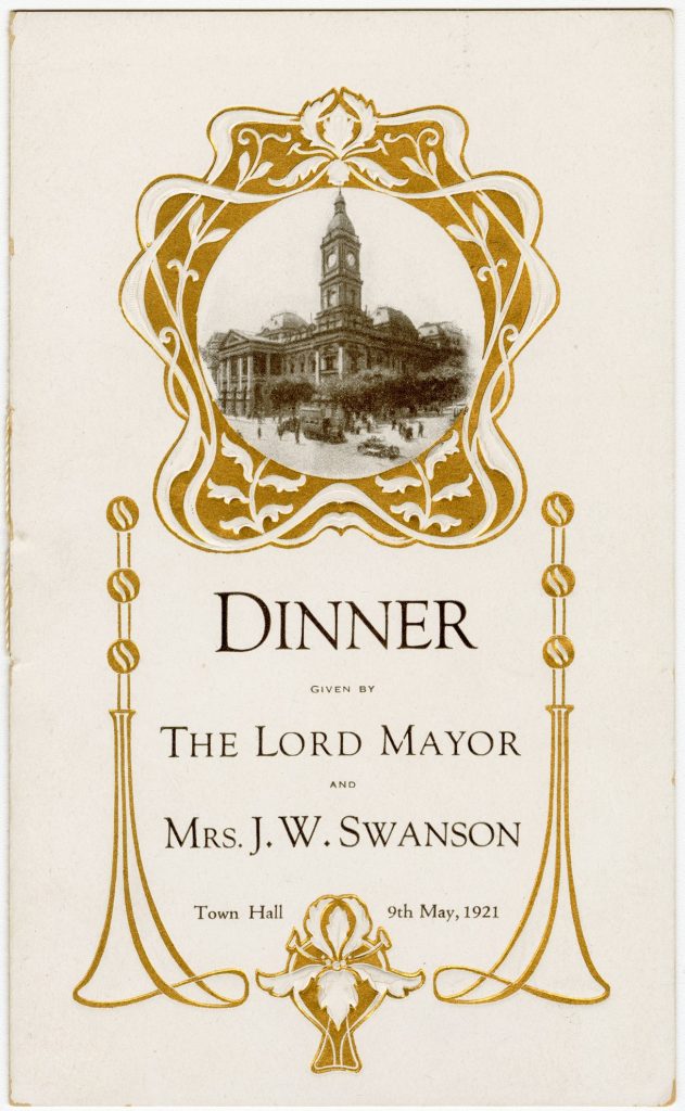 Menu for a dinner given by Lord Mayor John Warren Swanson