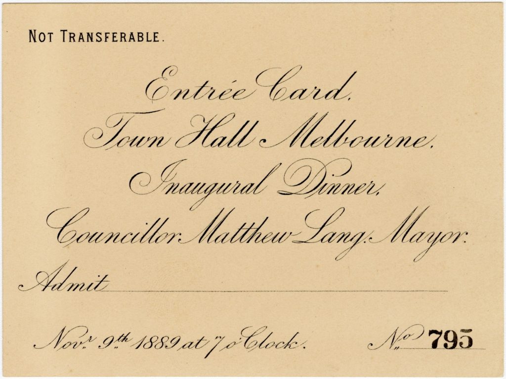 Ticket for the inaugural dinner for Lord Mayor Matthew Lang