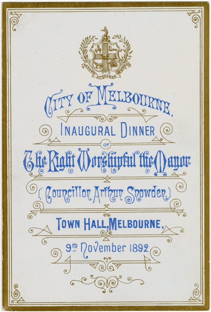 Menu for the inaugural dinner for Lord Mayor Arthur Snowden