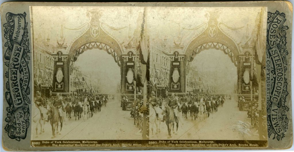 2860. Duke of York Celebrations, Melbourne. The Australian stockmen and the Duke’s Arch, Bourke Street.