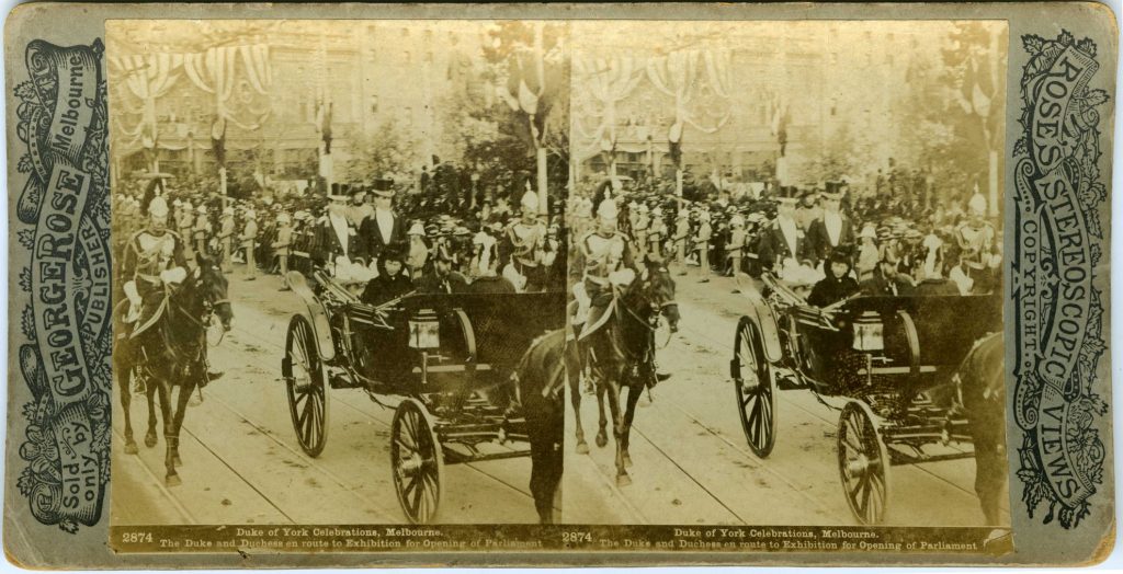 2874. Duke of York Celebrations, Melbourne. The Duke and Duchess en route to Exhibition for Opening of Parliament.