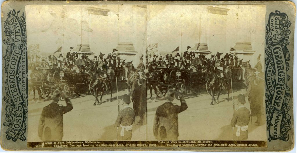 2931. Duke of York Celebrations, Melbourne. The Royal Carriage Leaving the Municipal Arch, Princes Bridge.