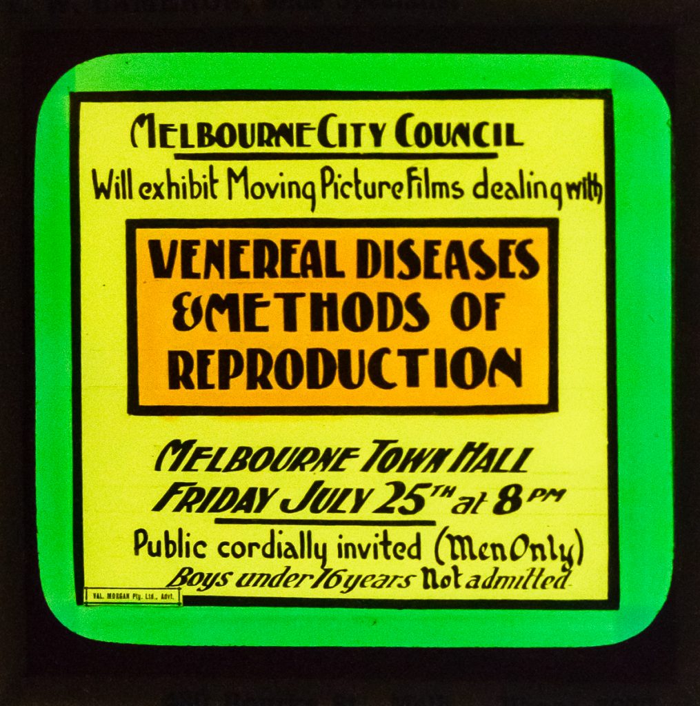 Glass lantern slide, ‘Venereal diseases and methods of reproduction’