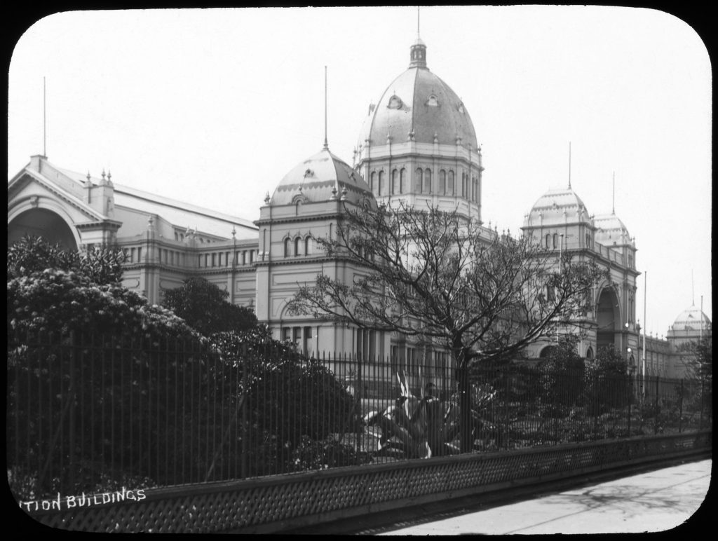 Glass lantern slide, Exhibition Buildings and Carlton Gardens from Rathdowne Street, 1898