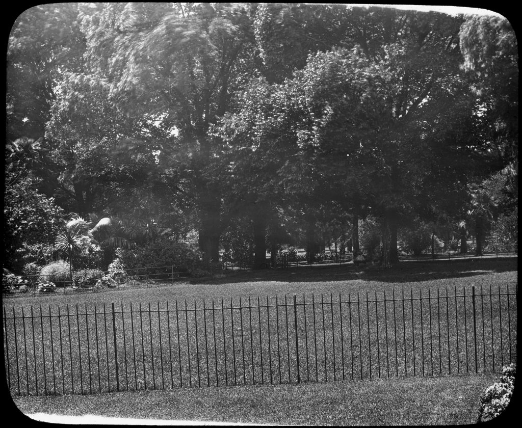 Glass lantern slide, Iron railing, possibly Fitzroy Gardens