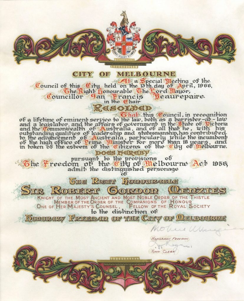 Freedom of the City of Melbourne, Sir Robert Gordon Menzies