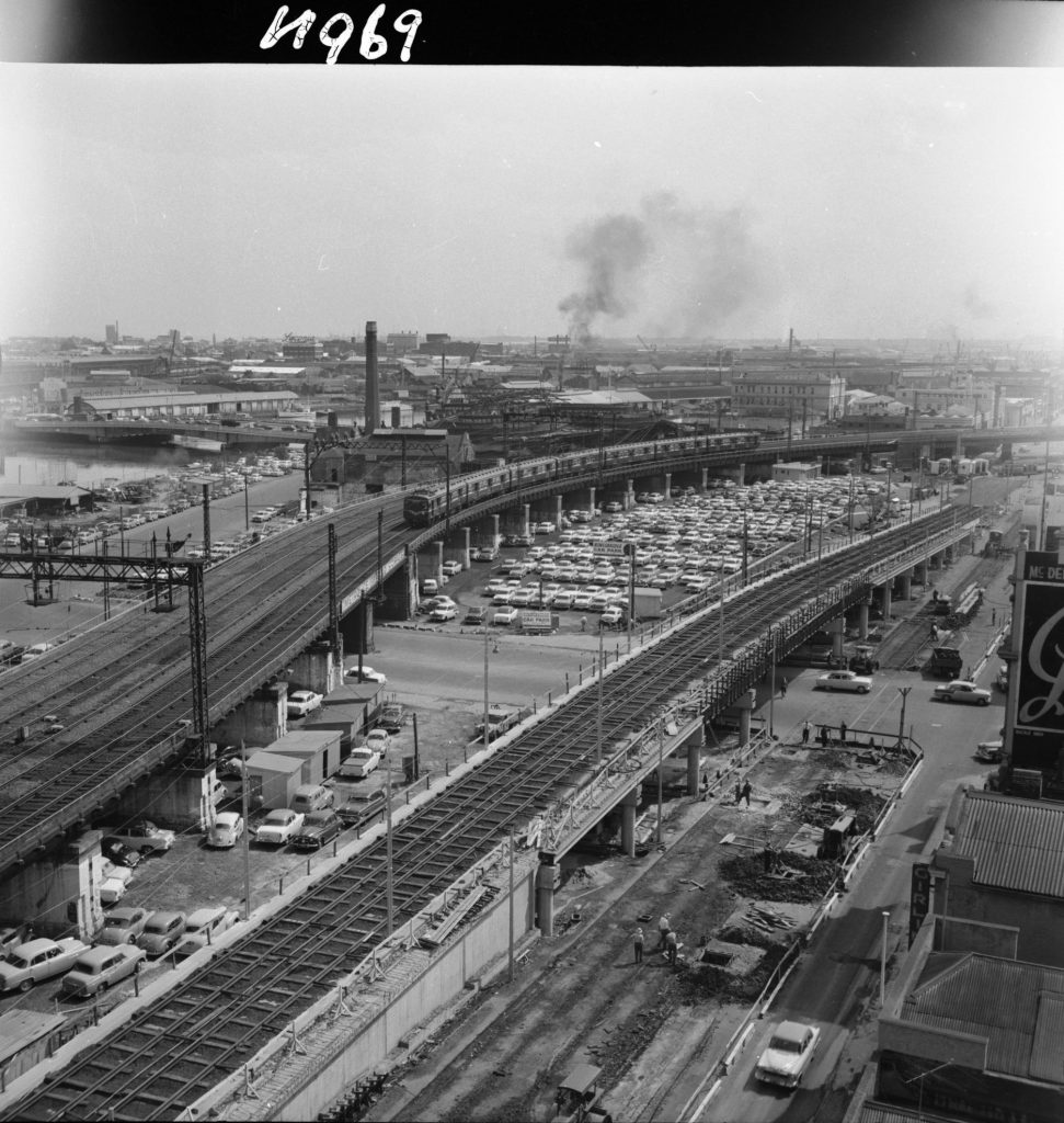 N969 Image showing an aerial view of King Street bridge, viaduct and Flinders Street overpass