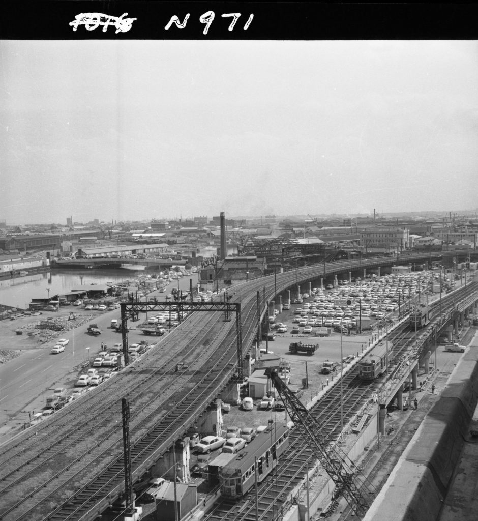 N971 Image showing an aerial view of King Street bridge, viaduct and Flinders Street overpass