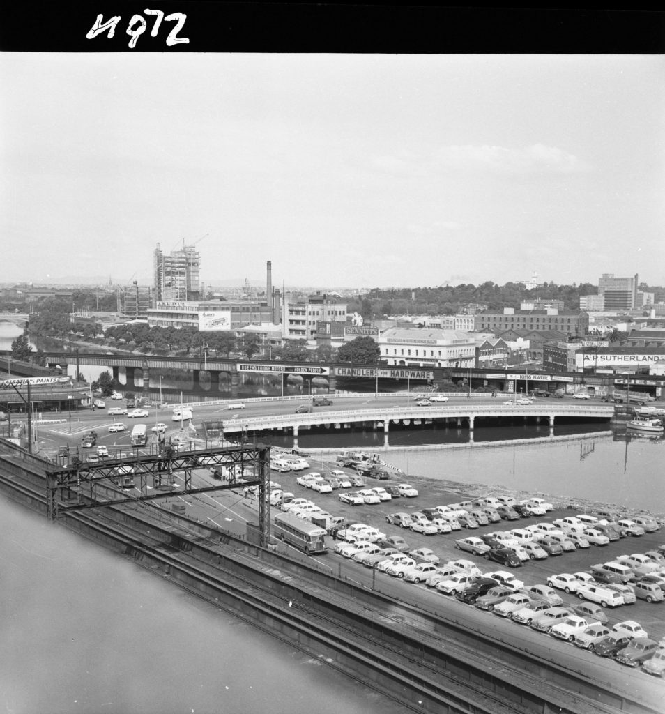 N972 Image showing an aerial view of King Street bridge, viaduct and Flinders Street overpass