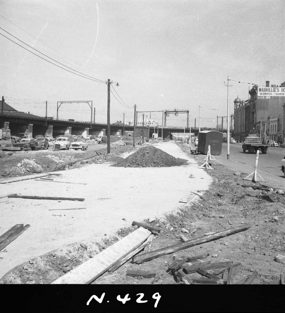 N429 Image showing preparations for a temporary car park during construction of the Flinders Street overpass