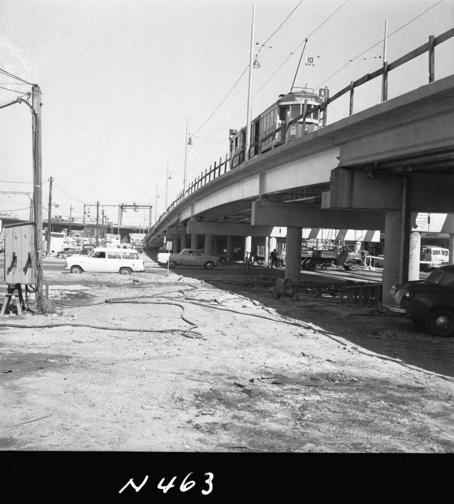 N463 Image showing construction of the Flinders Street overpass, viewed from the south side of the overpass