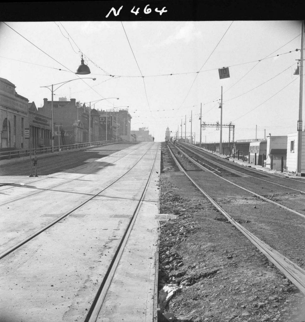 N464 Image showing construction of the Flinders Street overpass, with tram tracks in view