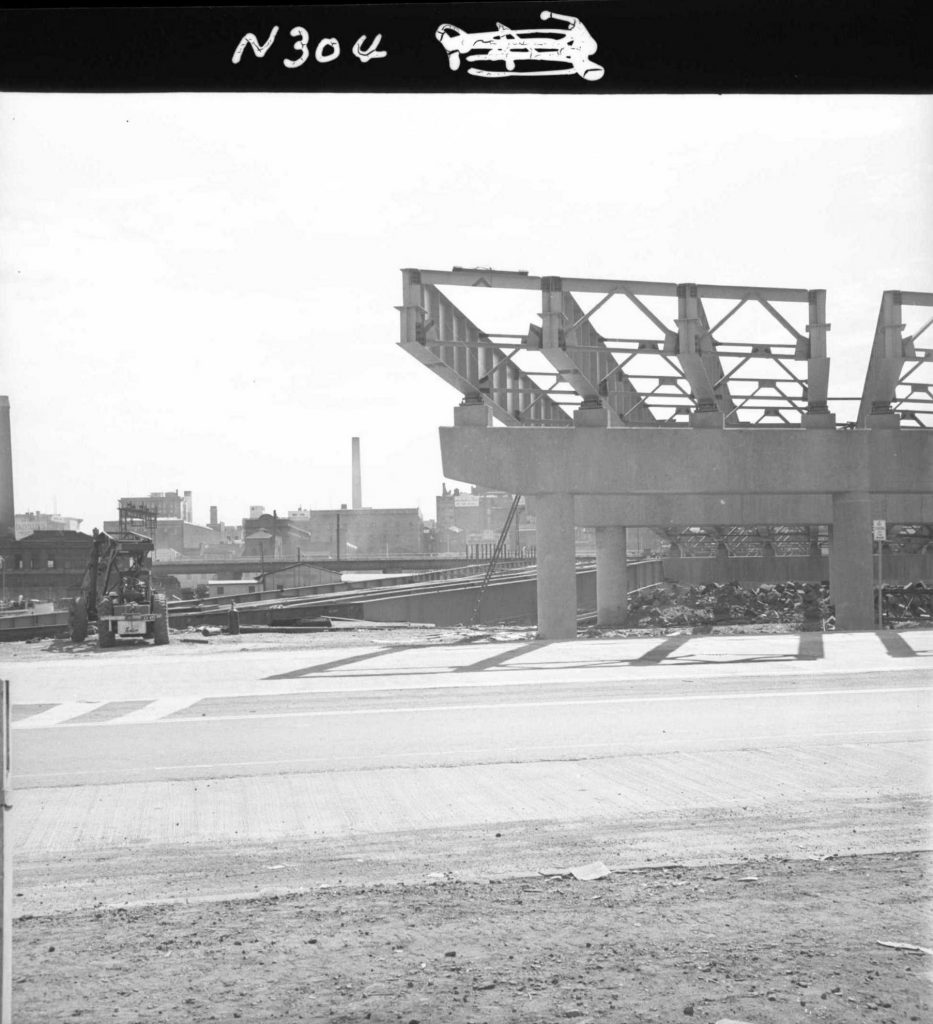 N304 Image showing the incomplete span of the King Street bridge to Hanna Street, during the bridge’s construction