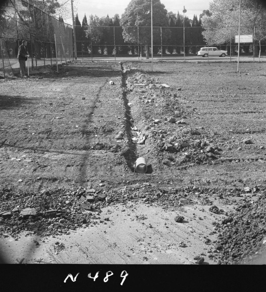 N489 Image showing a drainage trench during construction of the Princes Park tennis courts