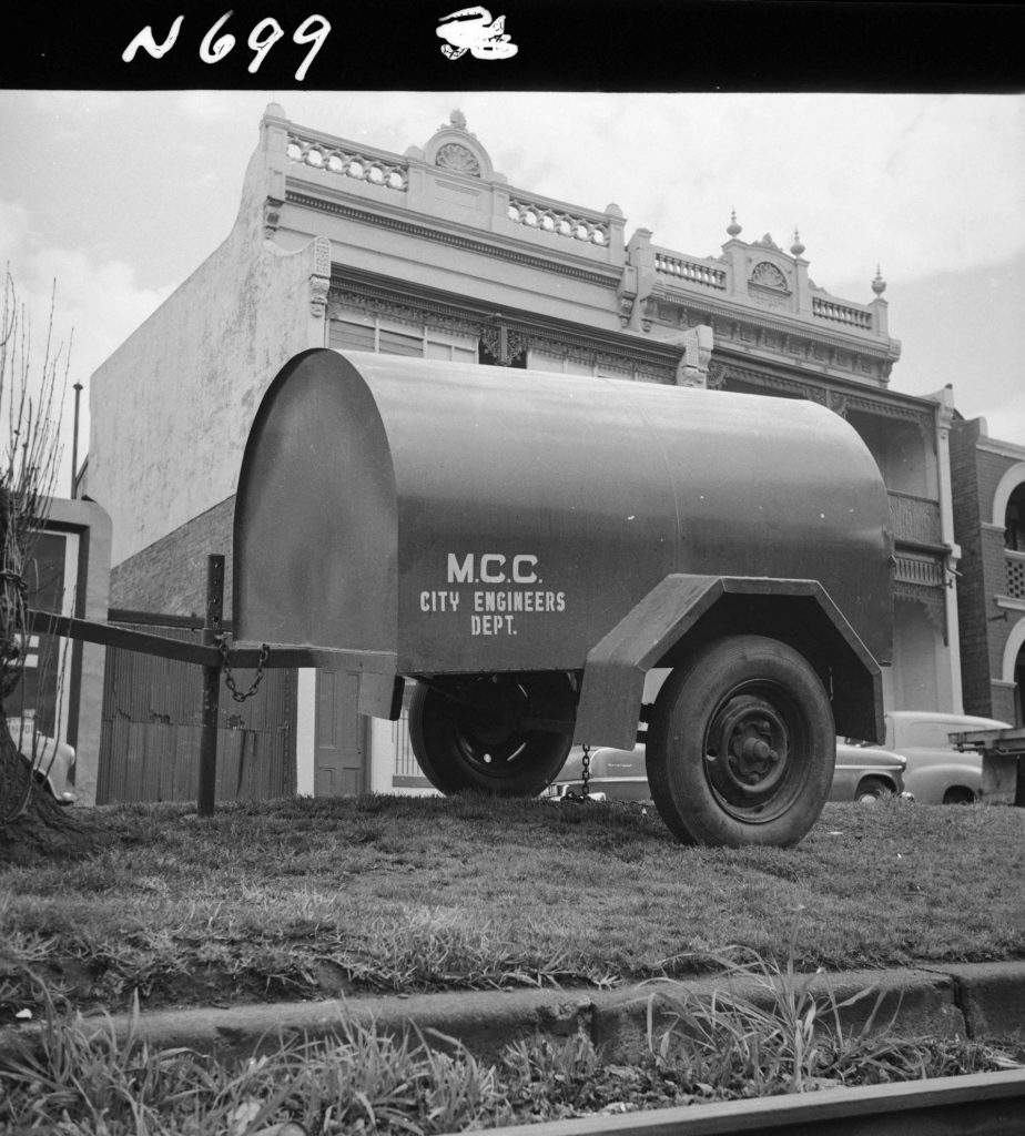 N699 Image of a pneumatic tyred trailer tool box, constructed for road maintenance gangs