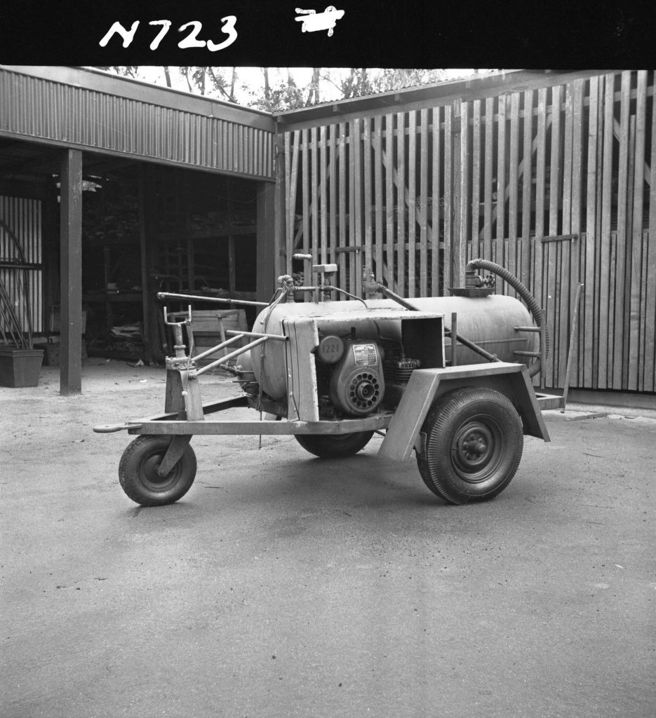 N723 Image showing a 50 gallon petrol-driven emulsion sprayer purchased for the Parks and Gardens Department