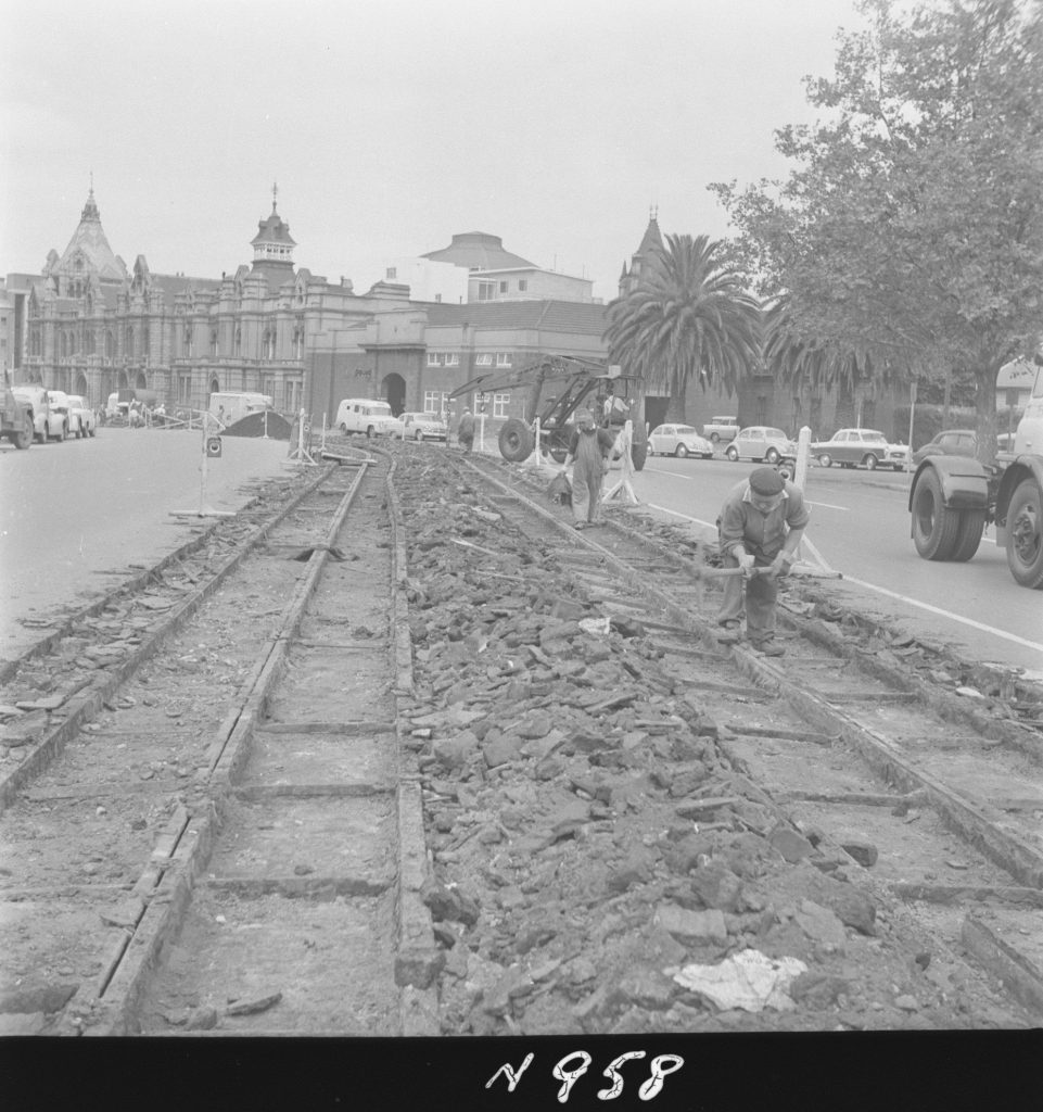 N958 Image showing tram track removal on Russell Street