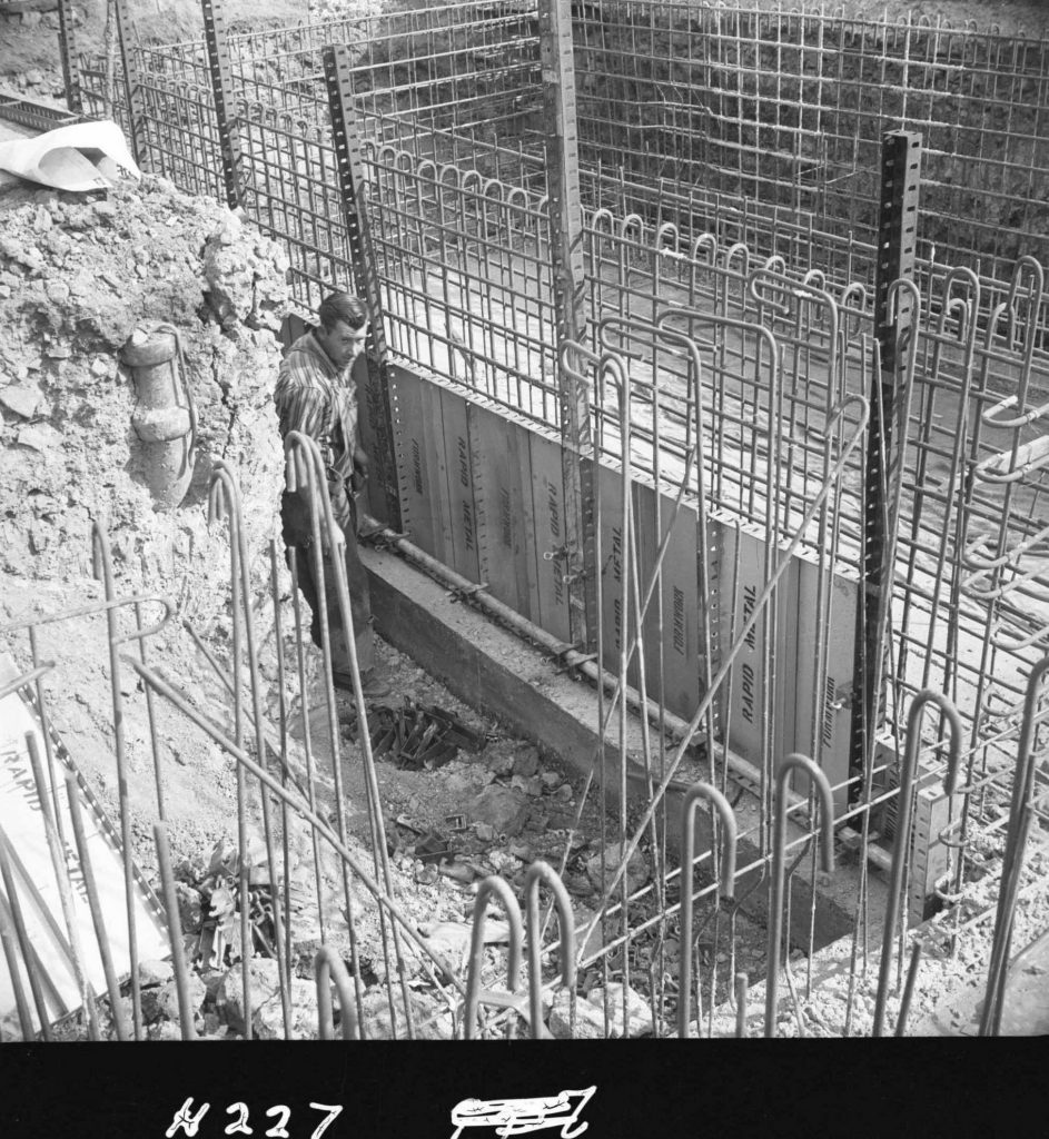 N227 Image showing the bottom row of the outside wall shuttering in position, during construction of a weighbridge on Flinders Street