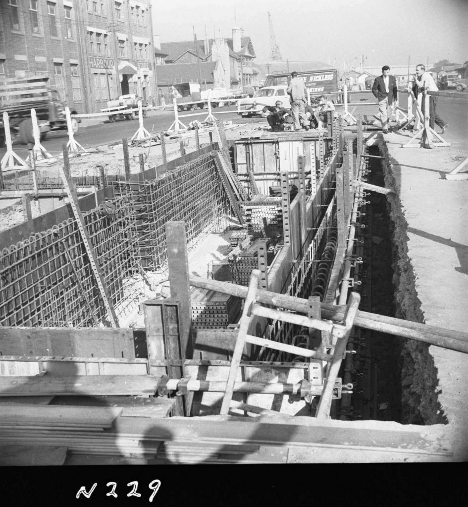 N229 Image showing outside wall shutterings and bracing during construction of a weighbridge on Flinders Street