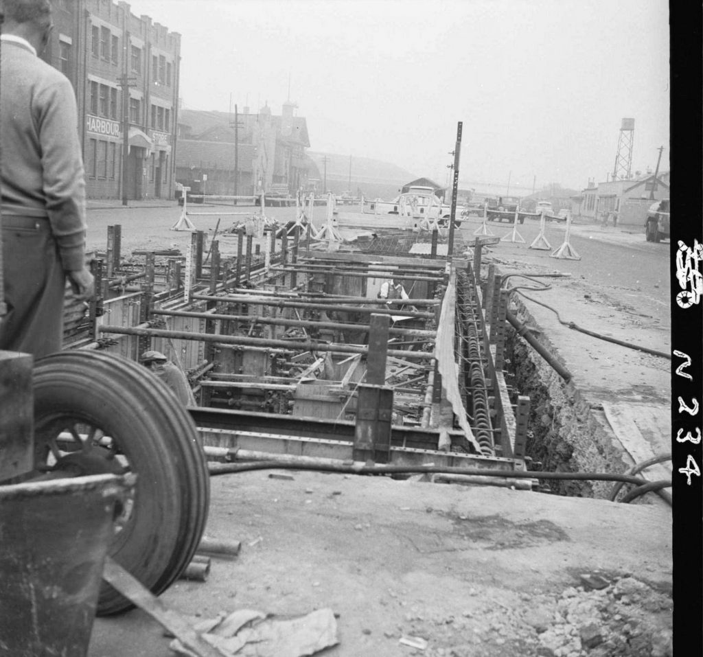 N234 Image showing inside wall shutter-bracing during construction of a weighbridge on Flinders Street