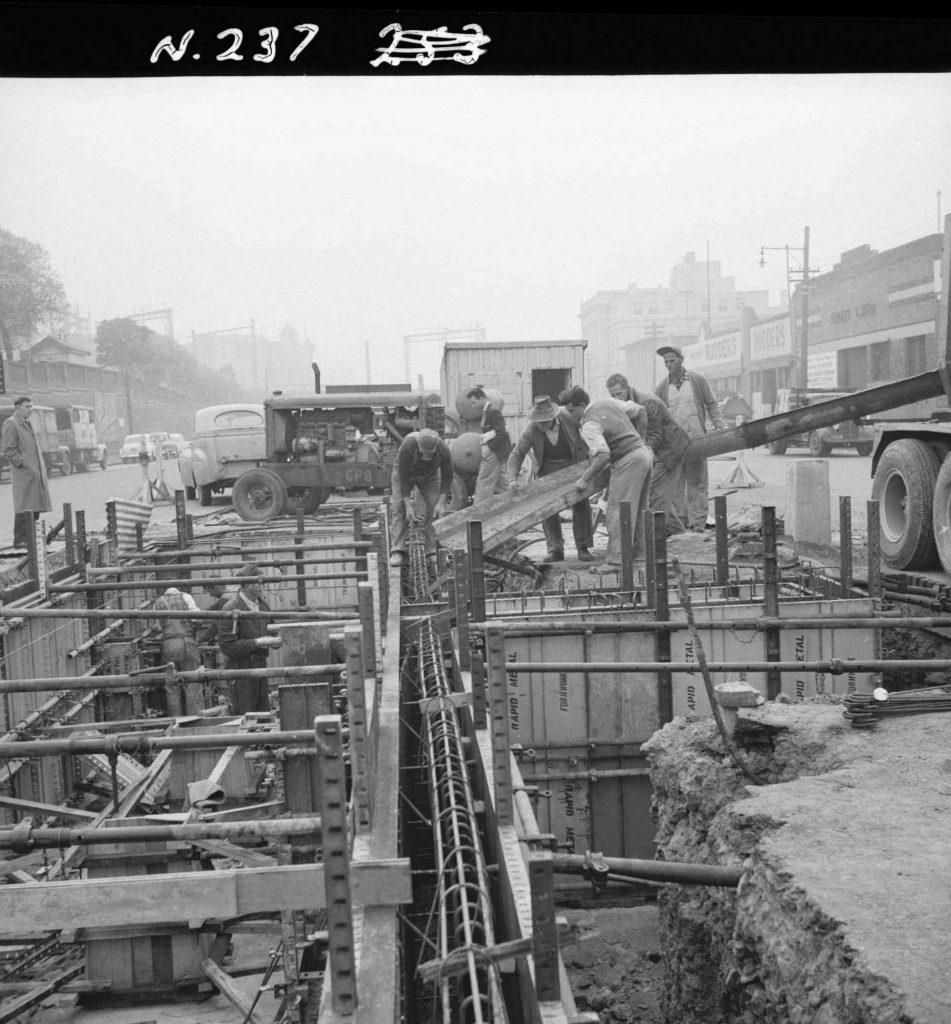 N237 Image showing kerb reinforcement in position and outside wall bracing during construction of a weighbridge on Flinders Street