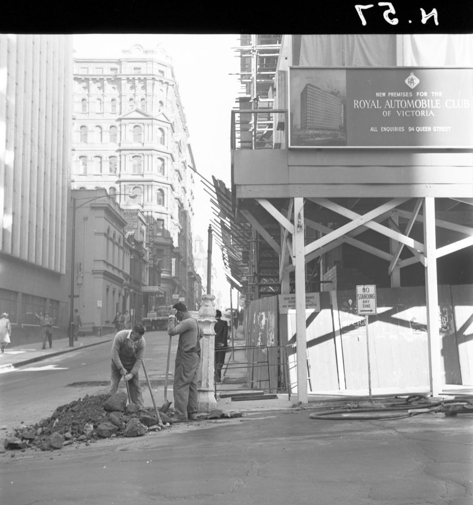 N57 Image showing hoardings around the R.A.C.V. building on Queen Street