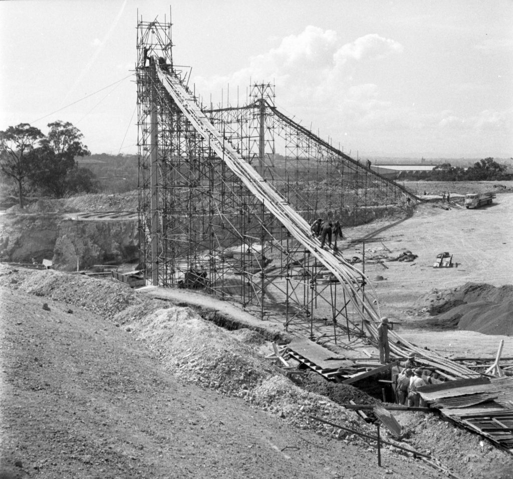 N155 Image showing erection of main cables during construction of the Sidney Myer Music Bowl