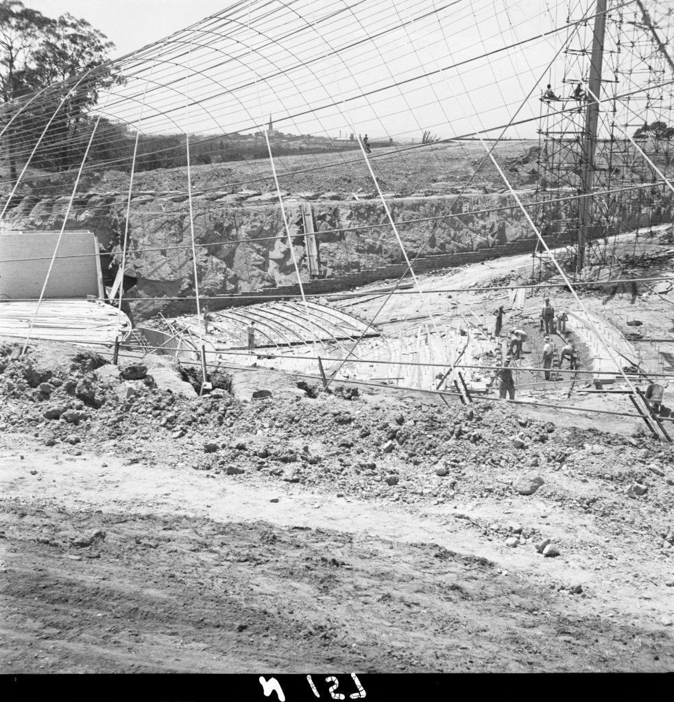 N157 Image showing anchoring of secondary cables during construction of the Sidney Myer Music Bowl