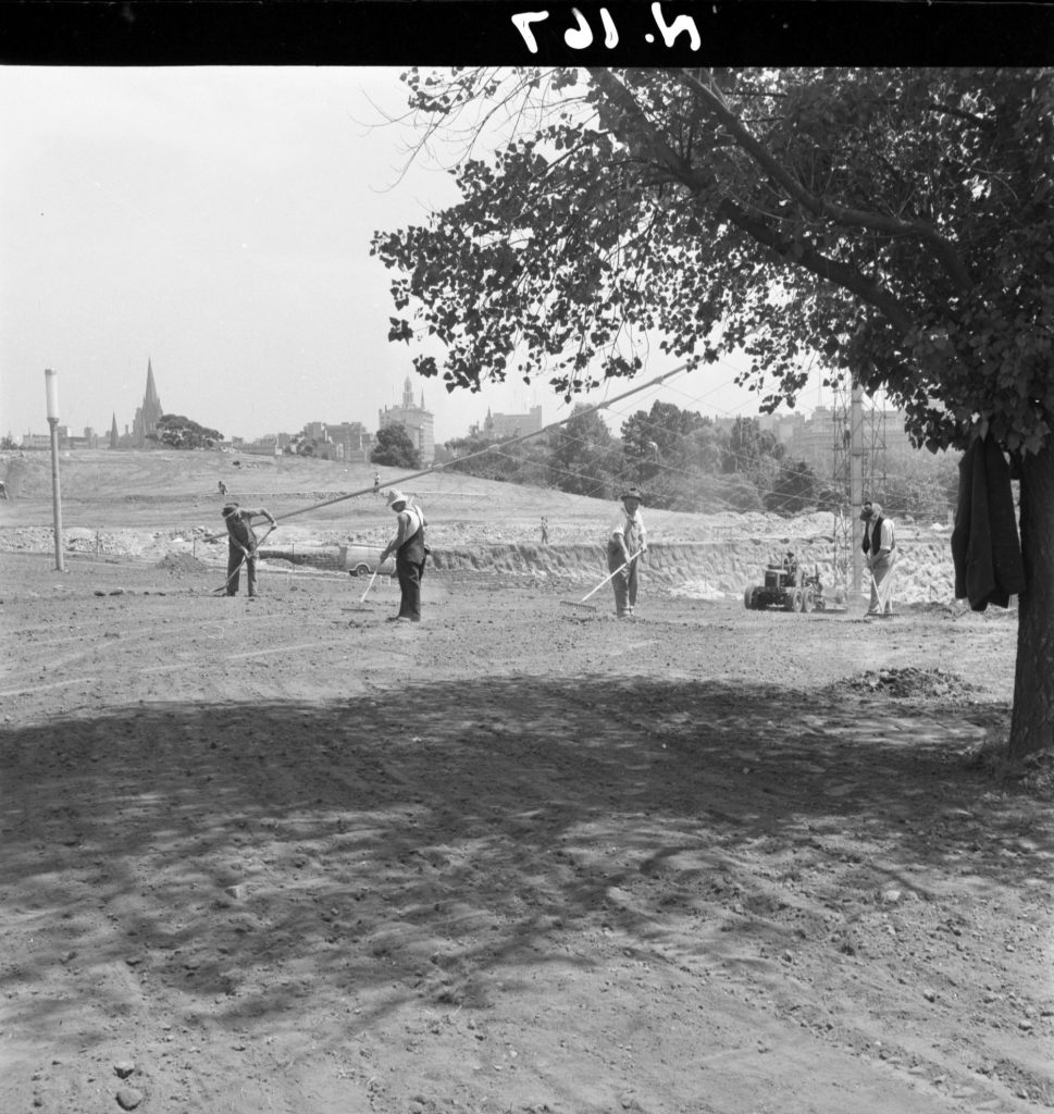 N167 Image showing handraking for lawns during construction of the Sidney Myer Music Bowl